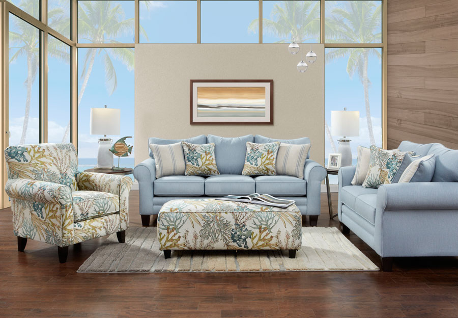 Fusion Labyrinth Sky Sofa and Loveseat with Coral Reef Caribbean and Wakefield Chambry Accent Pillows