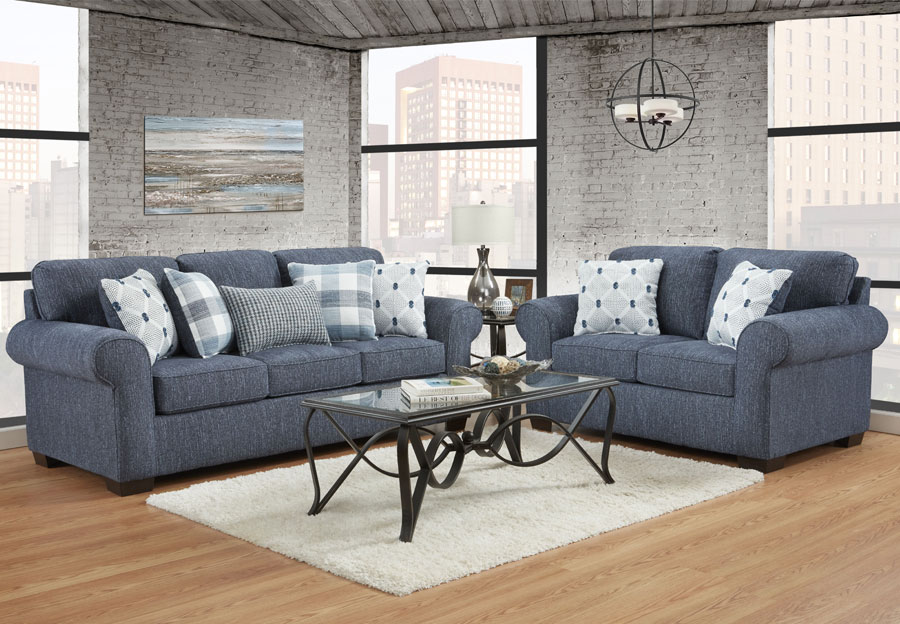 Affordable Furniture Belhaven Indigo Sofa and Loveseat with Accent Pillows