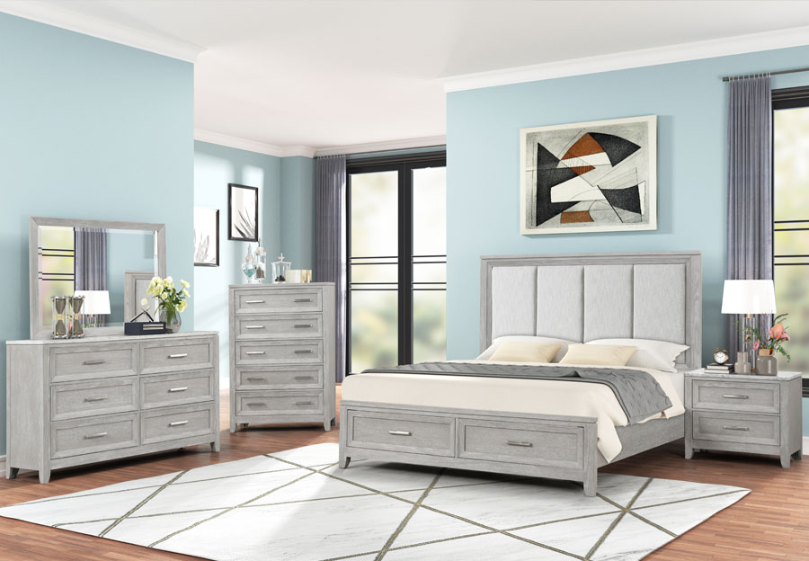 New Classic Fiona Mist Grey Dresser, Mirror and King Bed